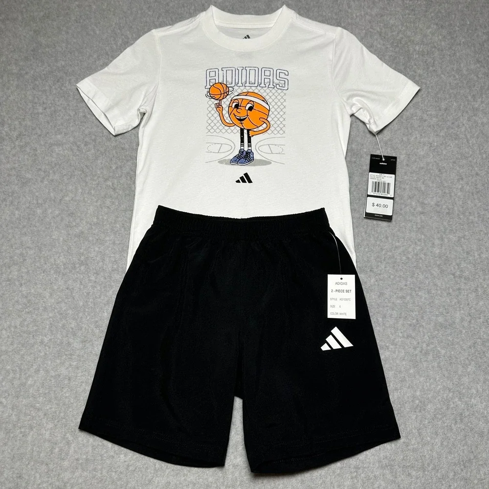 Adidas Boys 2 Piece Set White basketball T-Shirt Black Shorts Sz‎ 6 AG10357C NEW
